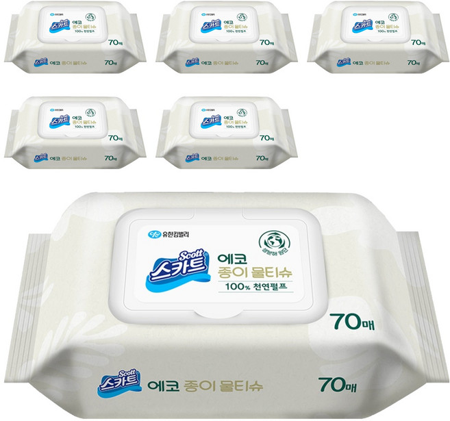 스카트 에코 종이 물티슈 캡형, 70매, 6개