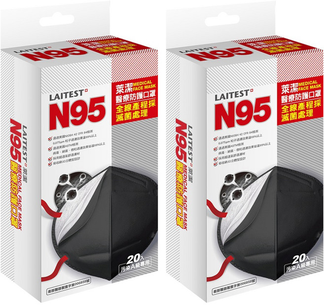 LAITEST 萊潔 N95醫療防護口罩, 曜石黑, 20片, 2盒