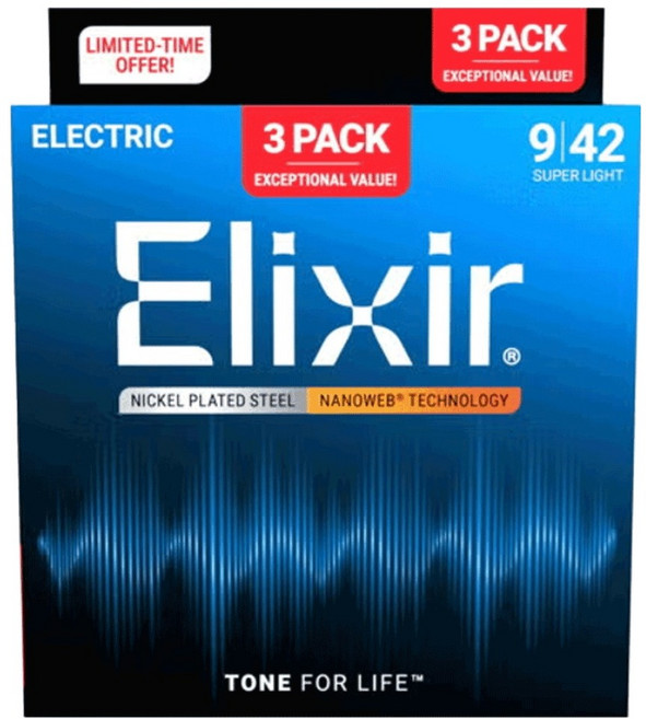 엘릭서 나노웹 일렉 니켈 플레이트 스틸 라이트 3p, 009-042, 1세트