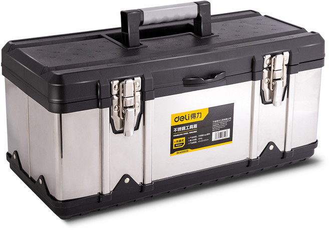 델리툴즈 휴대용 스테인리스 스틸 듀얼 스토리지 공구 보관 툴박스 실버 블랙 EDL432020, 1개