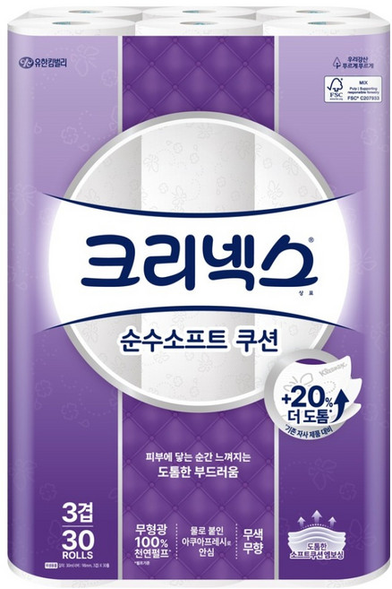 크리넥스 순수 소프트 쿠션 화장지 3겹, 30m, 30개입, 1개