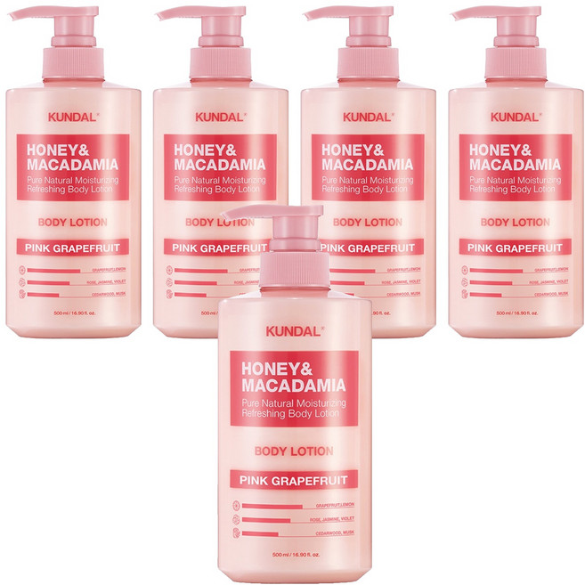 쿤달 허니 앤 마카다미아 퓨어 바디로션 핑크그레이프프룻향, 500ml, 5개