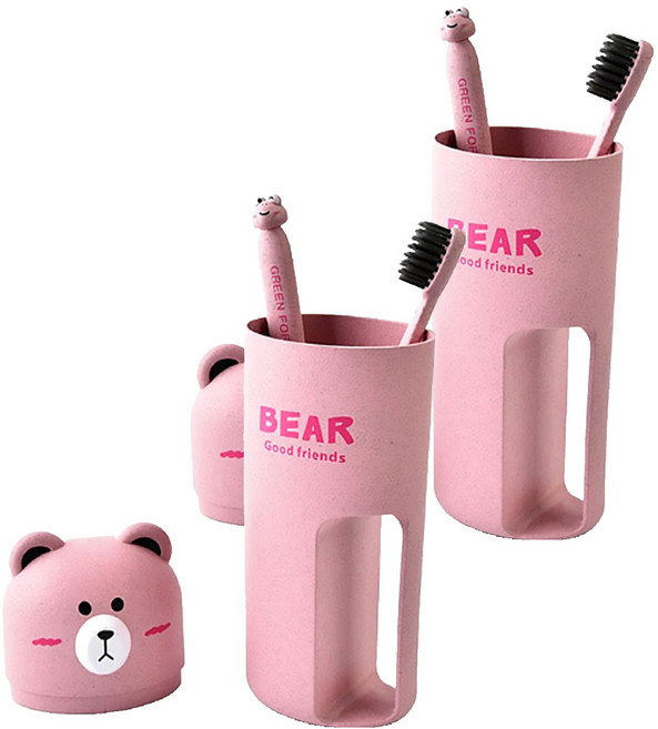 더자카 파스텔 곰돌이 칫솔 케이스 + 칫솔 2p, 핑크, 2개
