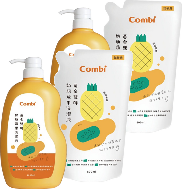 Combi 康貝 黃金雙酵奶瓶蔬果洗潔液 + 補充包 微甜果香, 1.8L, 2組