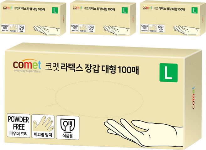 코멧 라텍스장갑 100매입, 4개, 대(L), 화이트