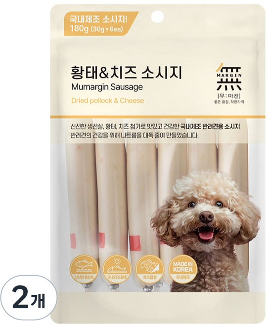 바우와우 무마진 강아지 소시지 부드러운 간식 6p, 2개, 180g, 혼합맛(황태/치즈)