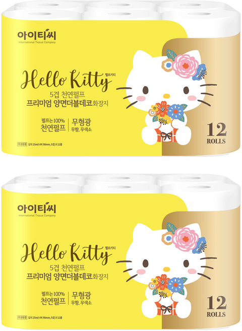 ITC 헬로키티 5겹 펄프 프리미엄 양면더블데코 롤화장지, 25m, 12개입, 2개