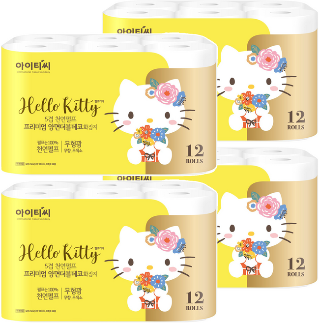 ITC 헬로키티 5겹 펄프 프리미엄 양면더블데코 롤화장지, 25m, 12개입, 4개