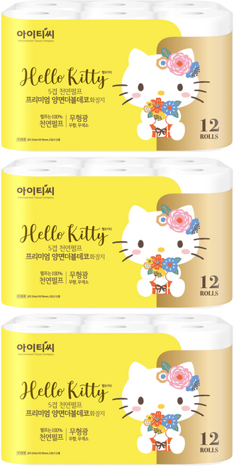 ITC 헬로키티 5겹 펄프 프리미엄 양면더블데코 롤화장지, 25m, 12개입, 3개