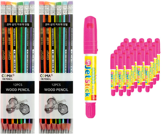 동아 고체형광펜 제트스틱 12p + 투코비 삼각 지우개 연필 SG-208 12p 세트, 분홍(제트스틱), 혼합색상(지우개연필), 2세트