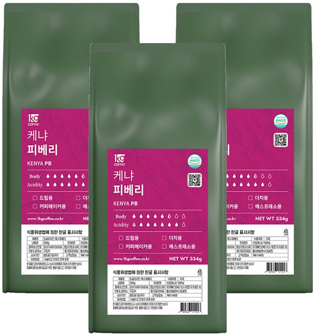 1킬로커피 싱글오리진 케냐 피베리, 334g, 3개, 홀빈(분쇄안함)