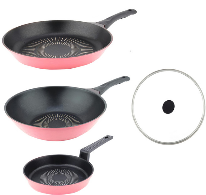Kitchen-Art 鑽石不沾鍋組 4入, 28公分平底鍋 + 28公分炒鍋 + 16公分煎蛋鍋 + 28公分玻璃鍋蓋, 粉色, 1組
