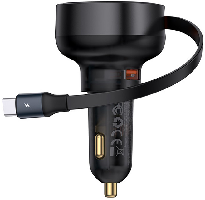 베이스어스 릴타입 차량용 고속 충전기 60W U포트 + C타입 릴케이블, C00057802111-00, 블랙