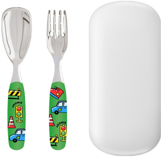 주니 유아용 올스테인레스 스푼 + 포크 + 케이스 세트, 그린, 1세트