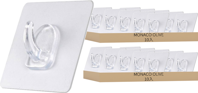 MONACO OLIVE 超黏無痕掛勾 10入組, 透明, 2組