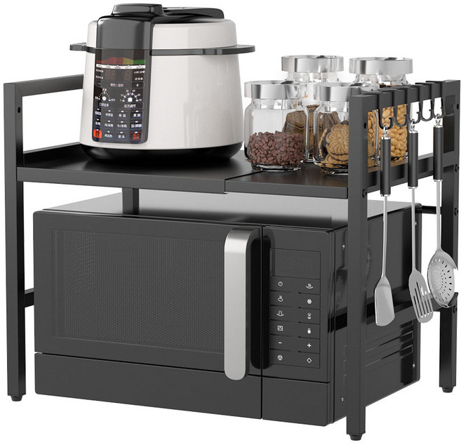 코멧 길이조절 전자레인지 선반 2단 + 후크 6개, 블랙