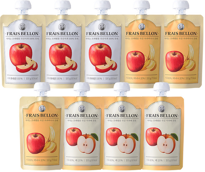 프레벨롱 국산 짜먹는 과일퓨레 9팩, 사과 + 혼합맛(사과/바나나) + 혼합맛(사과/배), 900g, 1세트