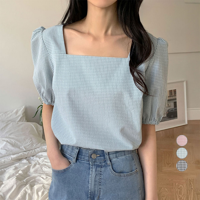 afinar 女款方領格紋泡泡紗上衣