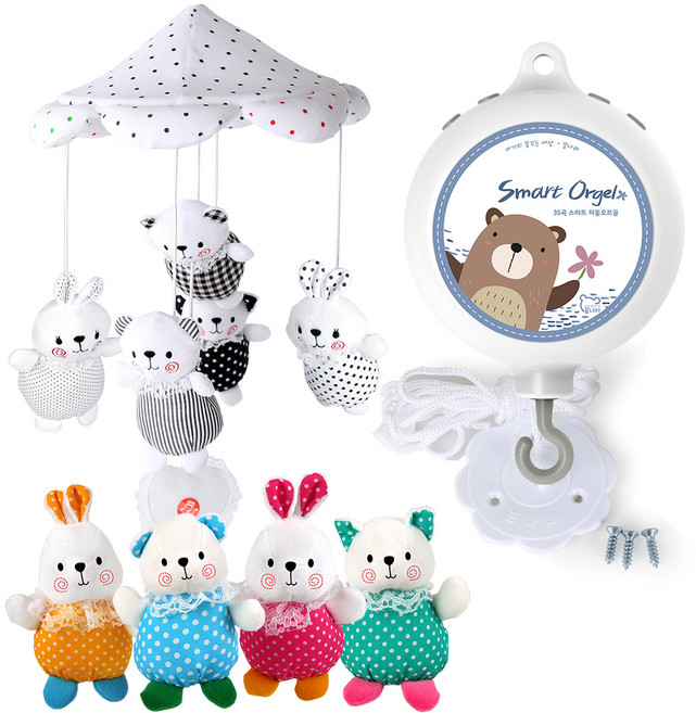 꿈나라 곰토끼 더블 모빌 + 스마트 자동 오르골 세트, 혼합 색상, 1개