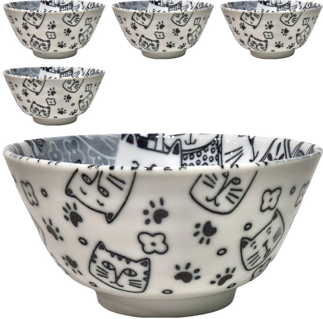 JUST HOME 日本製陶瓷4.8吋飯碗5入組, 貓咪家族, 1組