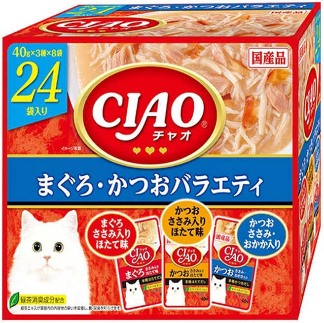 이나바 고양이 챠오츄르 버라이어티 간식, 혼합맛(참치/가다랑어), 40g, 24개
