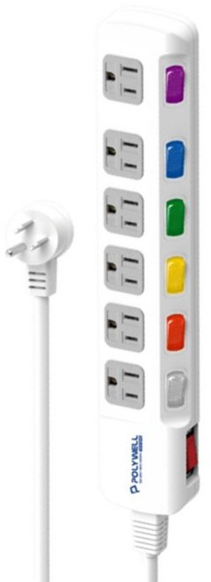 POLYWELL 寶利威爾 3孔電源延長線7切6座 PW15-T05-B030, 182cm, 白色, 1個