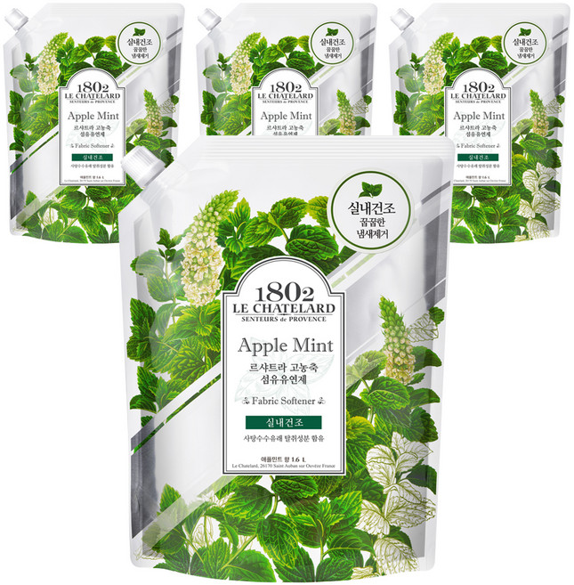 르샤트라1802 실내건조 고농축 섬유유연제 애플민트 리필, 1.6L, 4개