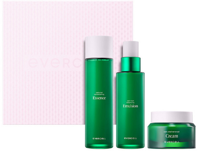 에버셀 셀바이탈 스킨케어 3종 피부줄기세포화장품 기초세트 에센스 에멀전 크림, 1세트