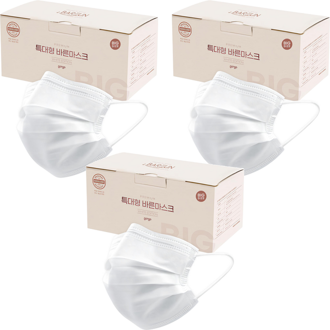 고르고 바른 마스크 성인용 특대형, 50매입, 3개, 화이트