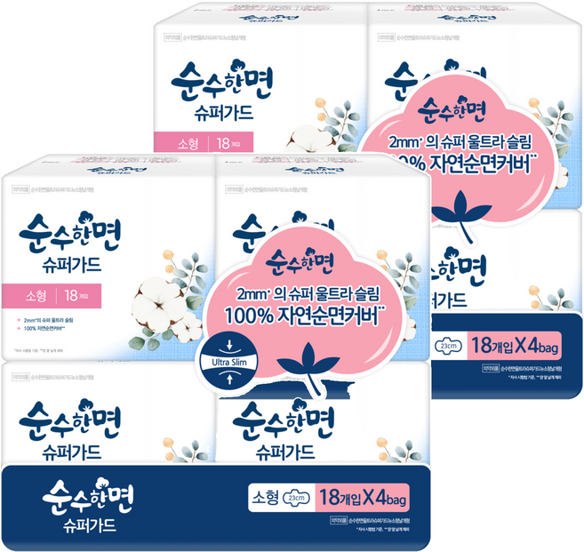 순수한면 슈퍼가드 생리대 날개형, 소형, 18개입, 8개