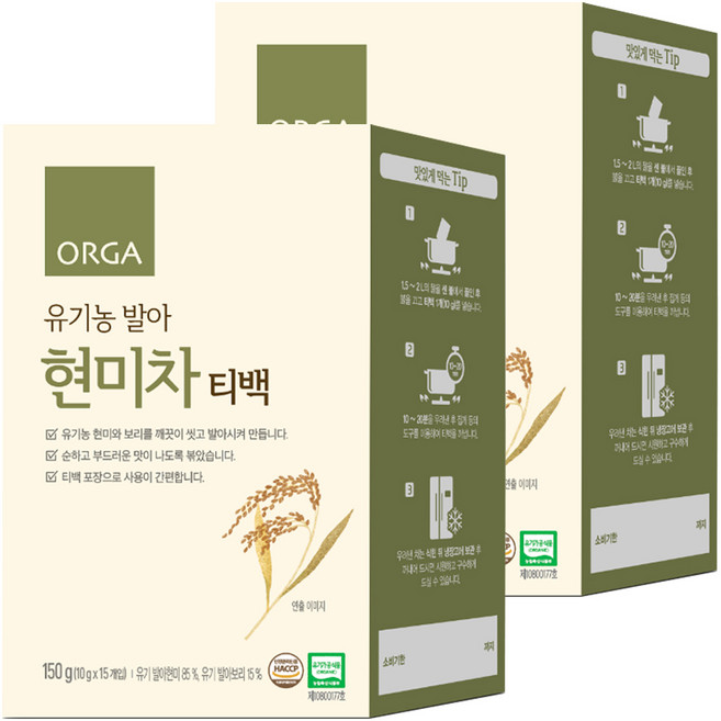 올가홀푸드 유기농 발아 현미차 티백, 10g, 15개입, 2개