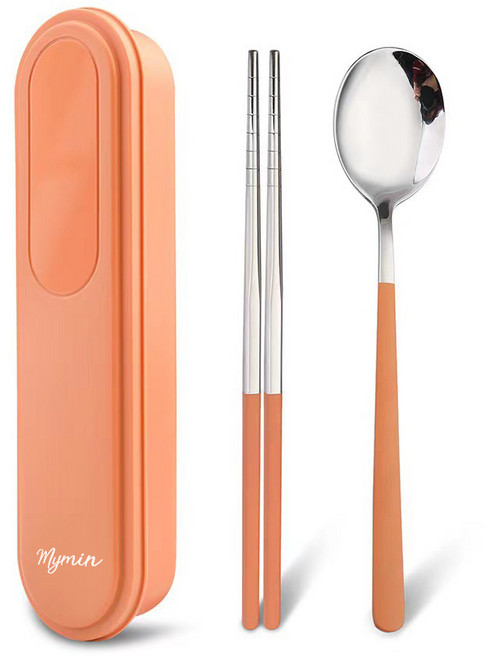 마이민 무소음 스텐 수저세트, 오렌지, 숟가락 + 젓가락 + 케이스, 1개