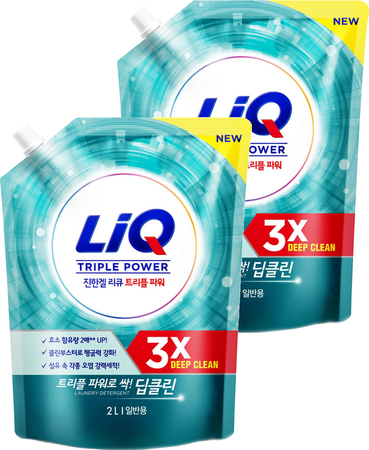 리큐 진한겔 딥클린 트리플파워 일반용 액상세제 리필, 2L, 2개