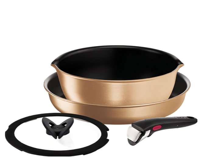 Tefal 特福 巧變精靈系列 可拆式不沾鍋4件組 法國製 IH爐/電磁爐適用, 耀眼銅, 26公分平底鍋 + 22公分萬用鍋 + 22公分玻璃鍋蓋 + 快拆式把手, 1組