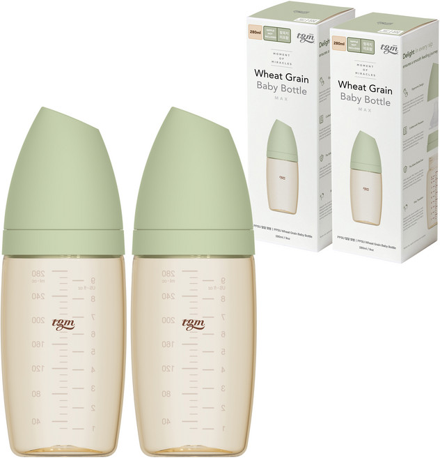 티지엠 유아용 PPSU 밀알 젖병, 모스그린, 280ml, 2개