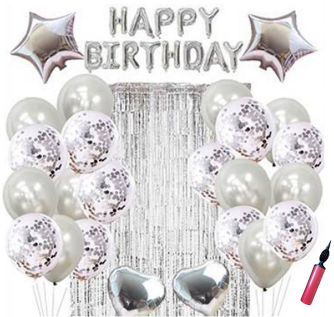 뷰라뷰 생일 파티 풍선 + 손펌프 + 풍선테이프 세트, 실버, 1세트
