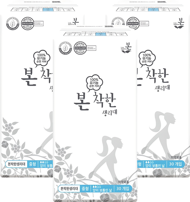 유기농본 착한 생리대 날개형, 중형, 30개입, 3개