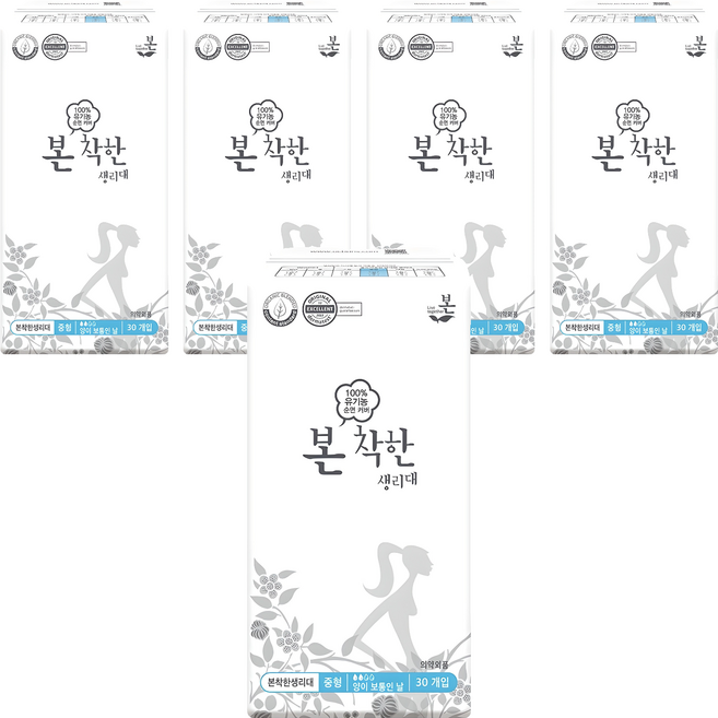 유기농본 착한 생리대 날개형, 중형, 30개입, 5개