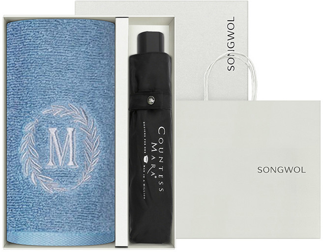 송월타월 선물 타월 메이저 130g + 3단 폰지 우산 + 쇼핑백 세트, 1세트, 랜덤발송