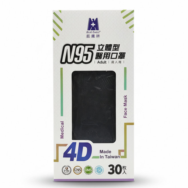 BLUE EAGLE 藍鷹牌 N95 4D立體型成人醫療口罩, 霧灰色, 30片, 1盒