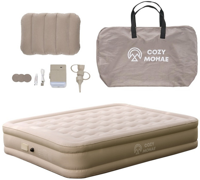 코지모해 캠핑 에어매트 침대 자충 매트리스 더블 38cm 1개 + 베개세트, 베이지