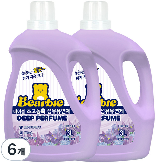 베어블 딥퍼퓸 초고농축 섬유유연제 아이리스 퍼플 본품, 3L, 6개