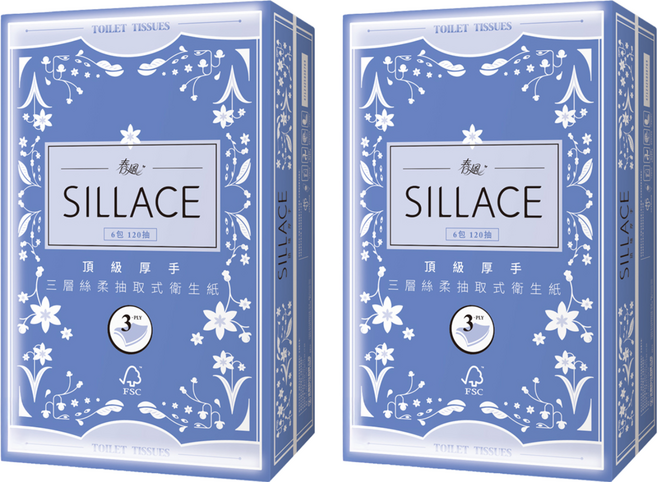 春風 SILLACE 抽取式衛生紙 3層 120張, 6包, 2袋