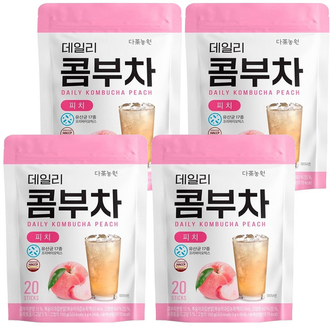 Danongwon 乳酸菌康普茶 水蜜桃口味 20包 每杯僅16卡路里 獨立包裝 方便攜帶 德國紅茶菌萃取 無酒精, 5g, 4袋