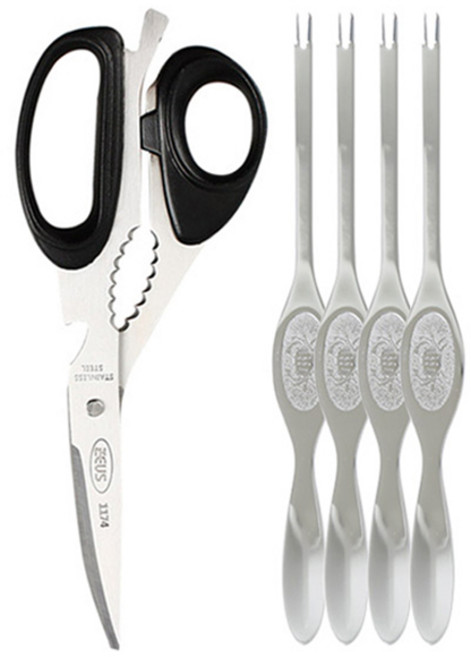 제우스 다용도 게가위 + 게살포크 4p 세트, 혼합색상, 1세트