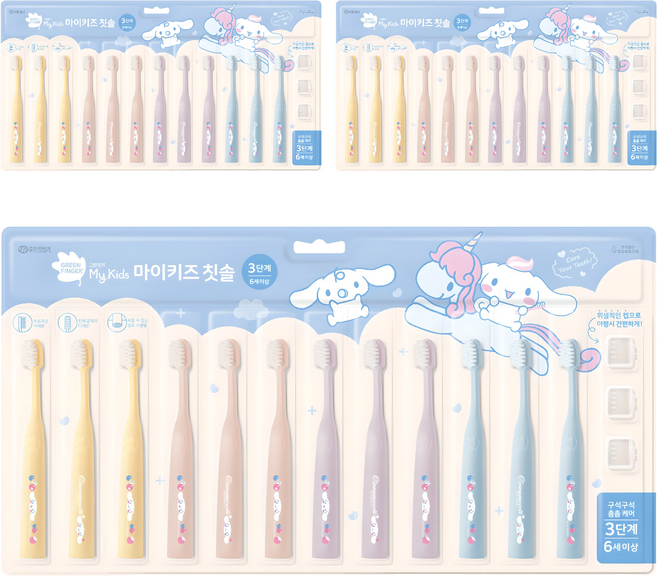 그린핑거 마이키즈 셀프 스탠딩 초극세모 유아용 칫솔 3단계 12p + 칫솔캡 3p 세트, 레몬 + 핑크 + 퍼플 + 블루, 3세트
