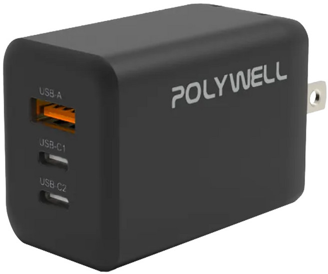 POLYWELL 寶利威爾 65W GaN 氮化鎵 PD三孔快充頭 USB Type-C插座x2 USB Type-A插座 PW15-T05-A023, 1個