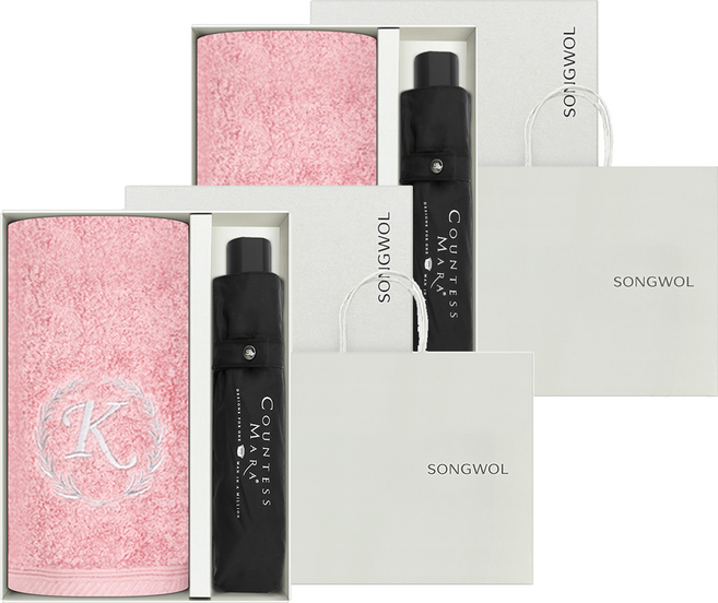 송월타월 선물 타월 카이저 180g + 3단 폰지 우산 + 쇼핑백 세트, 랜덤발송, 2세트