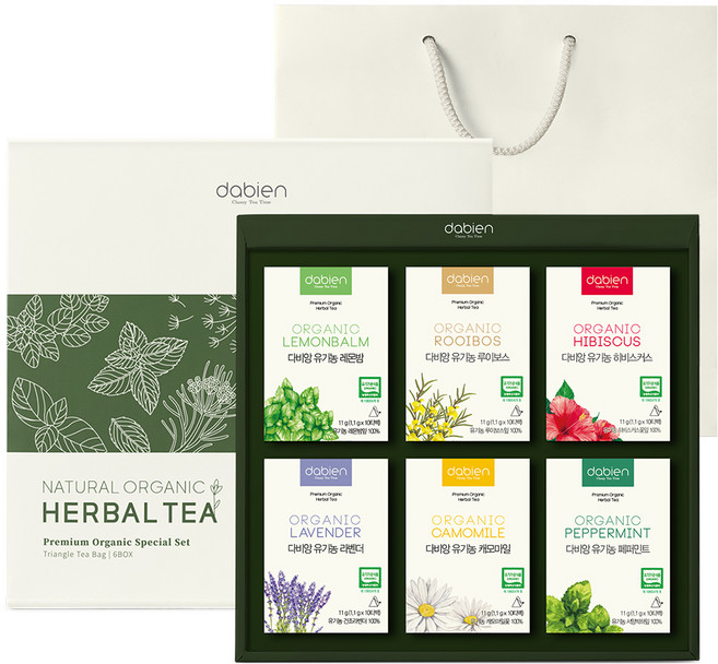 다비앙 유기농 허브티백 선물세트 2호, 허브티 6종 + 선물박스 + 쇼핑백, 1세트