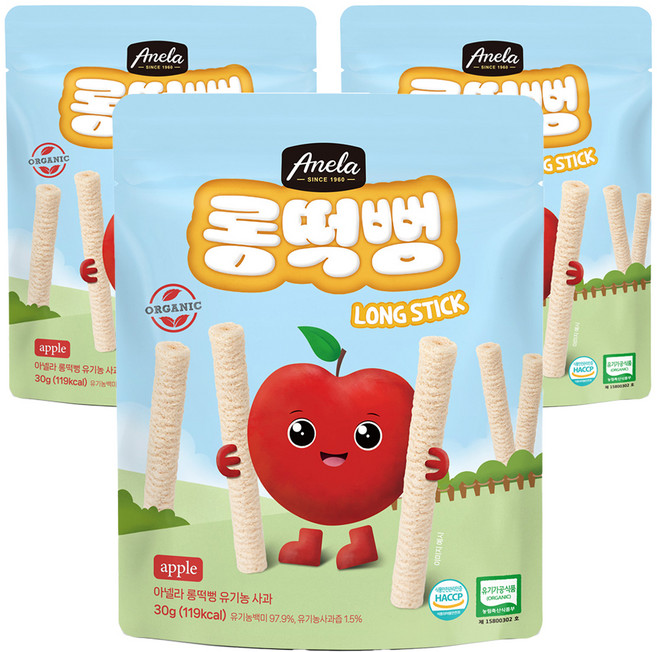 아넬라 유기농 롱떡뻥 사과 롱스틱, 사과맛, 30g, 3개